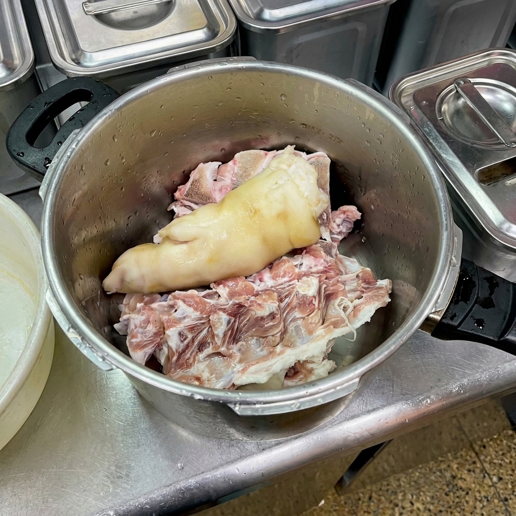 Ein großer Metalltopf mit rohen Schweineknochen, einem Schweinefuß und Hühnerfüßen, bereit zum Kochen.