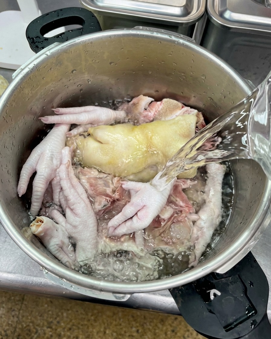 Klares Wasser wird über rohe Schweineknochen, einen Schweinefuß und Hühnerfüße in einem Metalltopf gegossen.