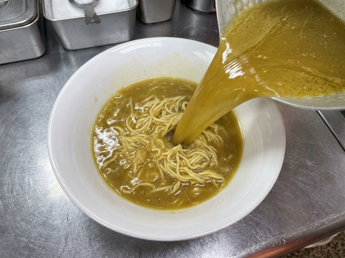Cremige Tonkotsu-Brühe wird über eine Portion gekochte Ramen-Nudeln in einer weißen Schüssel gegossen.