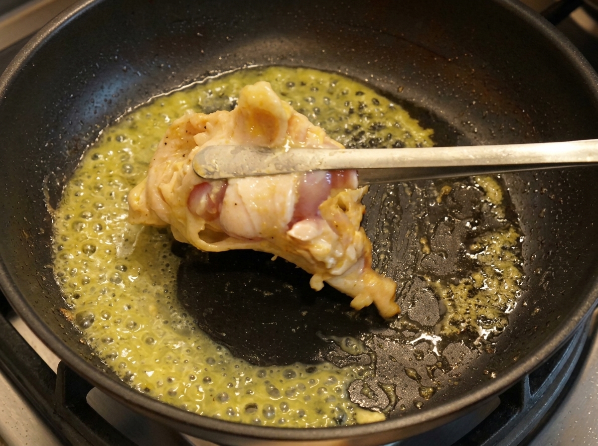 Eine Grillzange wendet das goldbraun angebratene Hähnchen in der Pfanne.