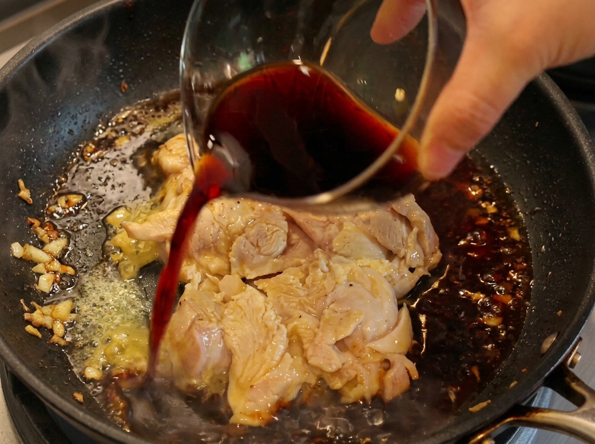 Die dunkle Sauce wird aus einer Glasschale über das bratende Hähnchen in der Pfanne gegossen.