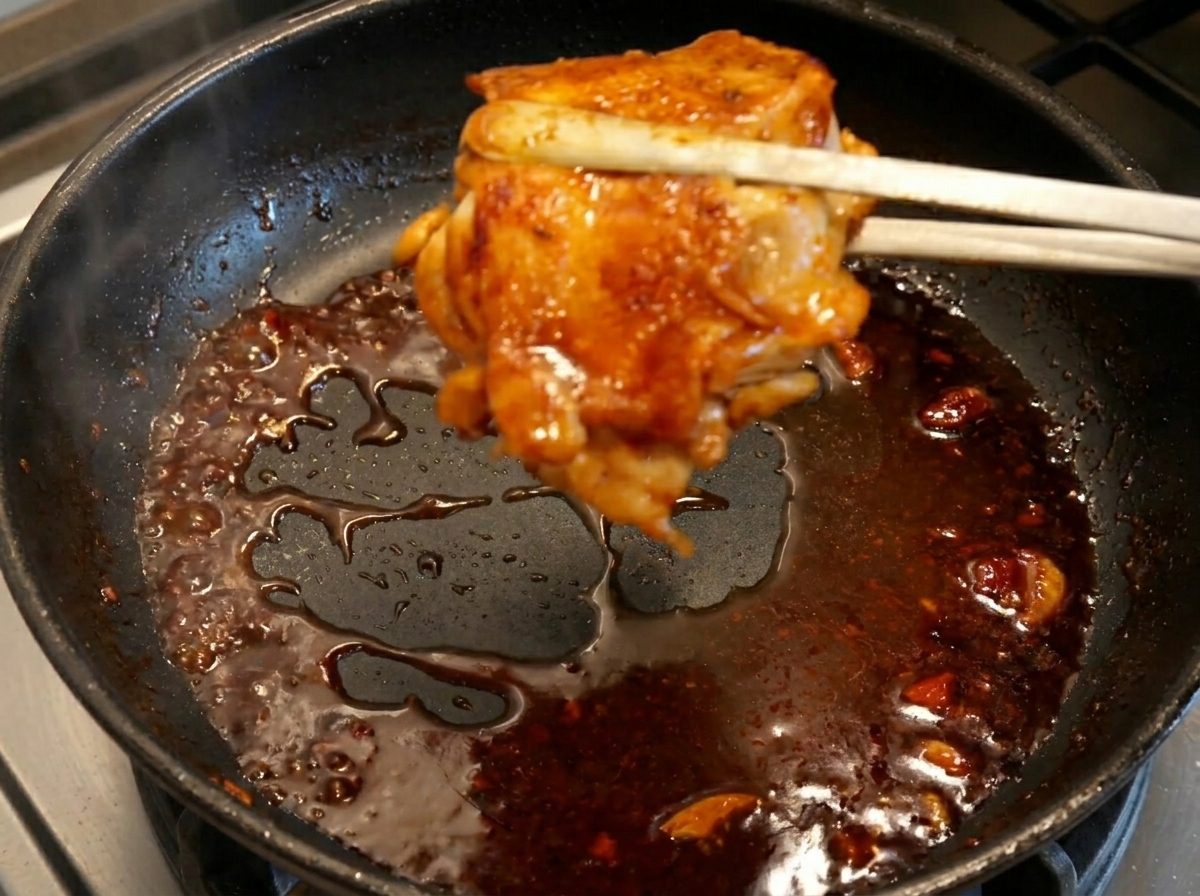 Ein glänzendes, dunkel glasiertes Hähnchen wird mit einer Zange aus der Pfanne gehoben.