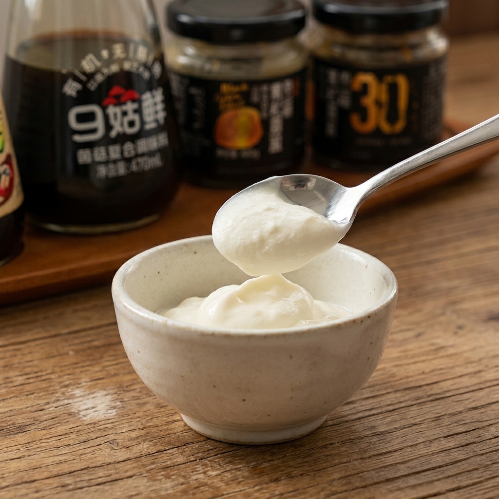 Ein Löffel Mayonnaise wird in eine Schale mit weißem Joghurt gegeben.