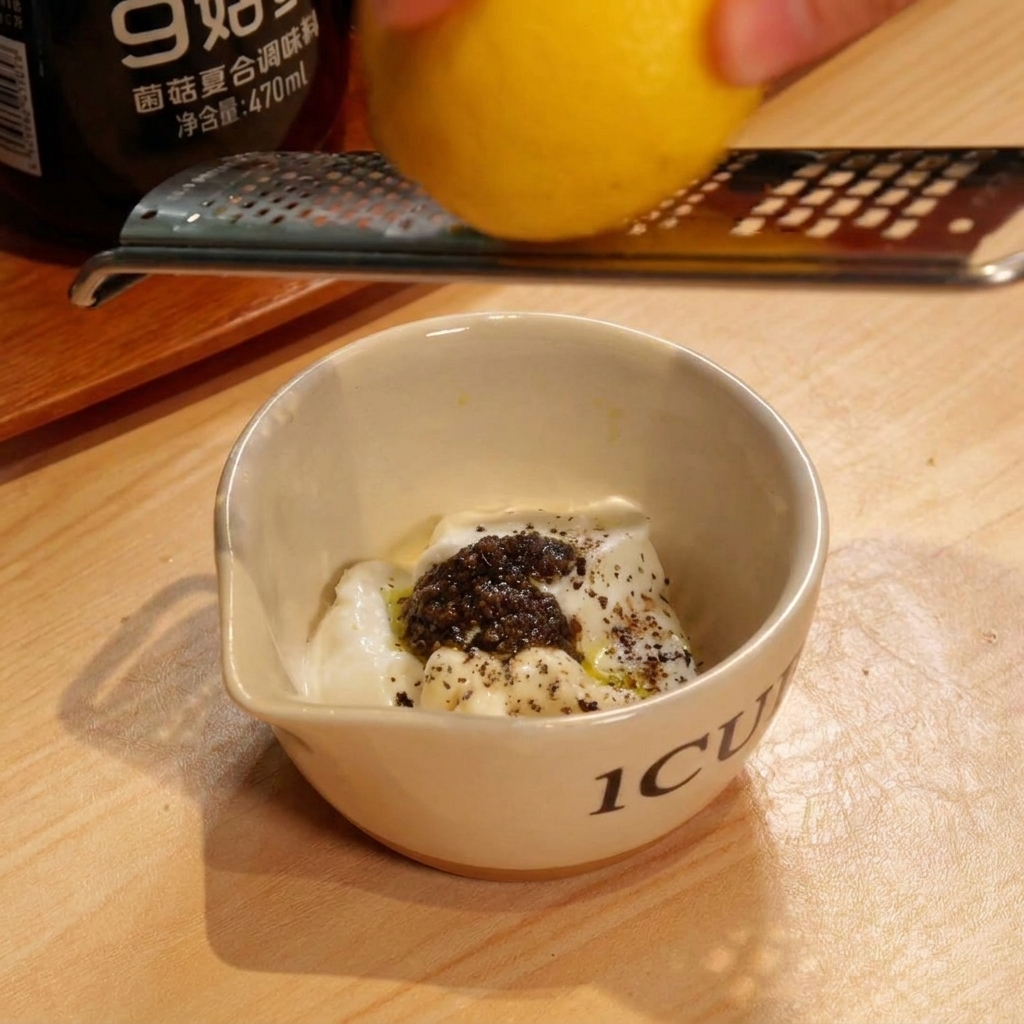 Eine Zitrone wird über der Joghurt-Trüffel-Sauce abgerieben.