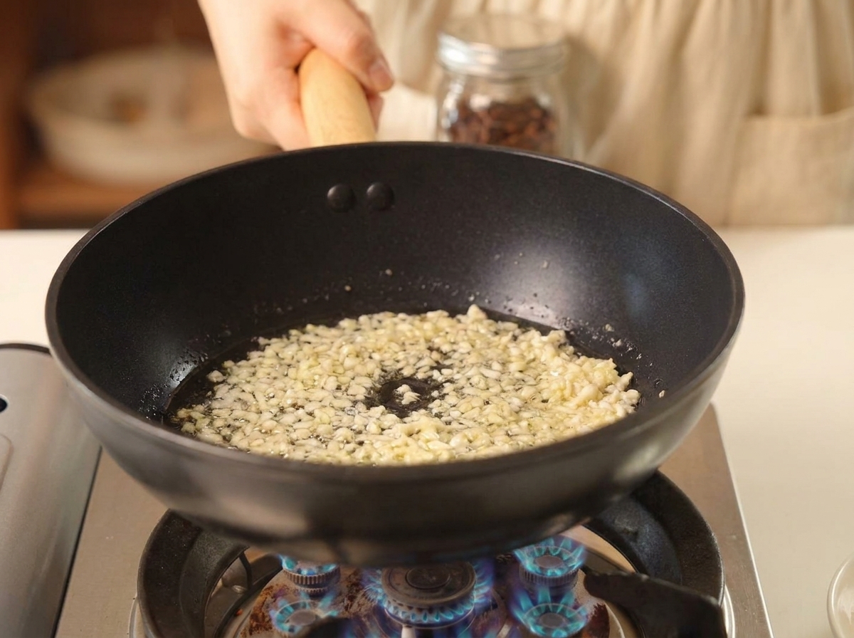 Gehackter Knoblauch brät in einer schwarzen Pfanne in sprudelnd heißem Öl.
