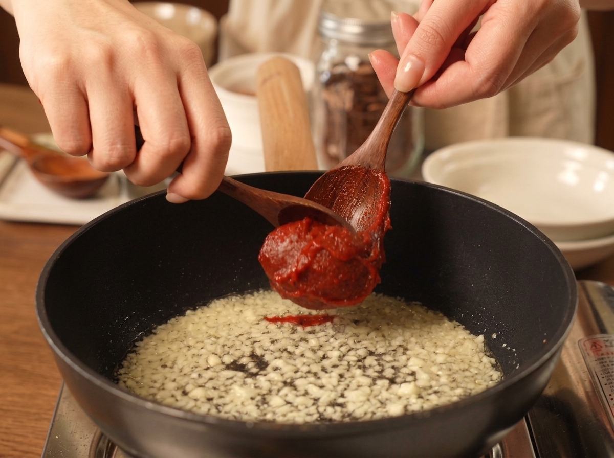 Zwei Holzlöffel geben eine große Portion dicke rote Chilipaste in die Pfanne zum angebratenen Knoblauch.