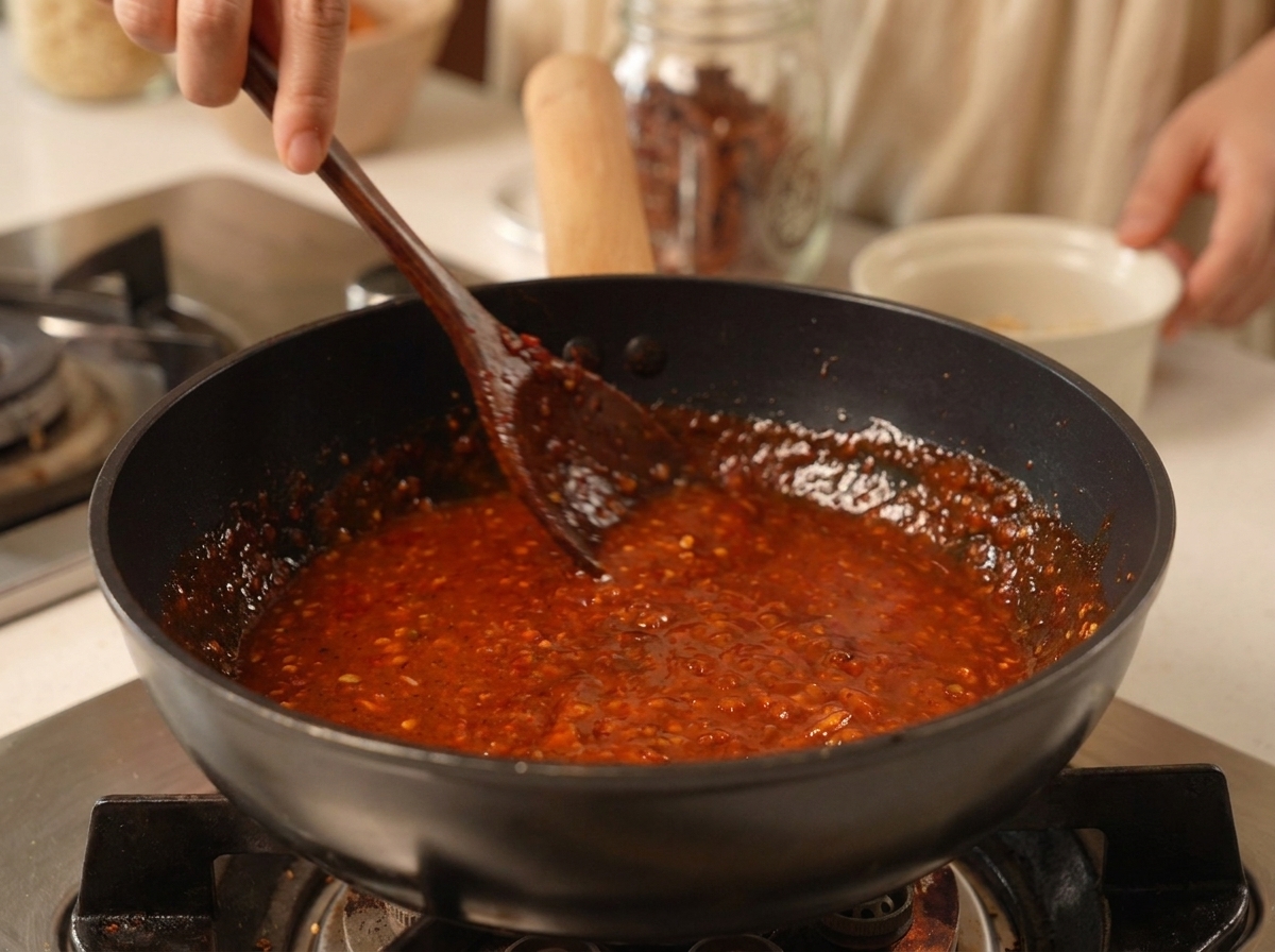 Ein Pfannenwender rührt zerstoßene Erdnüsse in eine dicke, dunkelrote Chilisauce in einer schwarzen Pfanne.