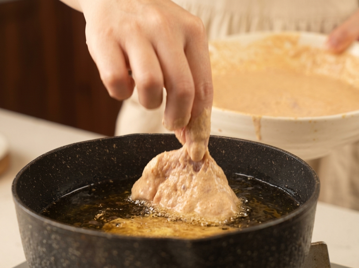 Eine Hand lässt vorsichtig ein dick paniertes Hähnchenstück in eine Pfanne mit sprudelnd heißem Öl gleiten.