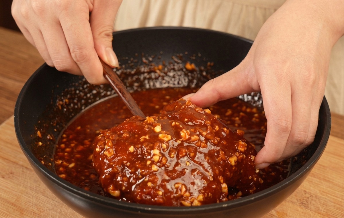Ein großes Stück Brathähnchen wird in der schwarzen Pfanne mit der dunkelroten Erdnuss-Chili-Sauce überzogen.