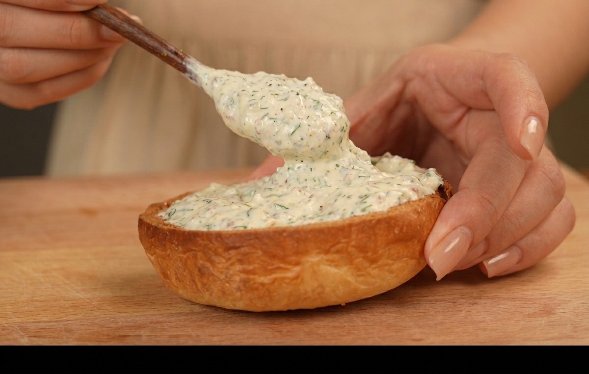 Eine cremige weiße Kräutersauce wird auf die Unterseite eines gerösteten Burgerbrötchens gestrichen.