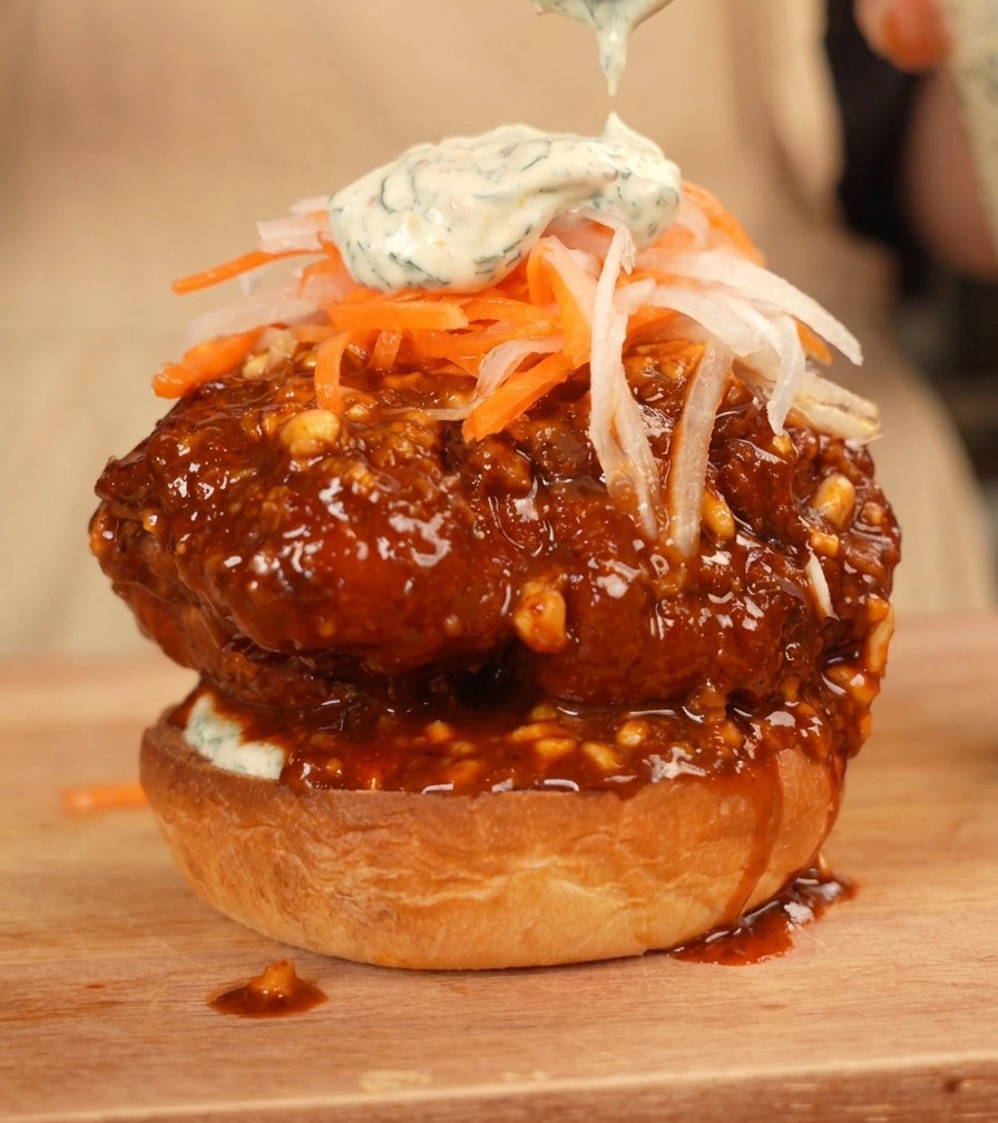 Ein Löffel cremiges Kräuter-Dressing wird über das Gemüse auf dem Burger geträufelt.