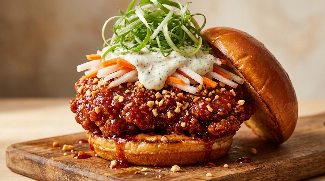 Koreanischer Fried Chicken Burger mit süß-scharfer Glasur