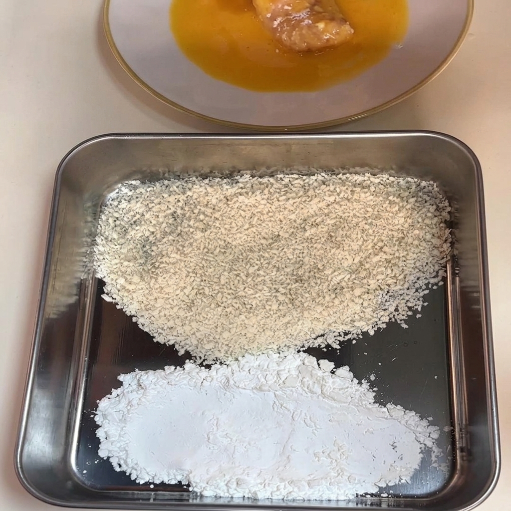 Ein mit Stärke bedecktes Hähnchenstück liegt in einem flachen Teller mit verquirltem gelbem Ei.