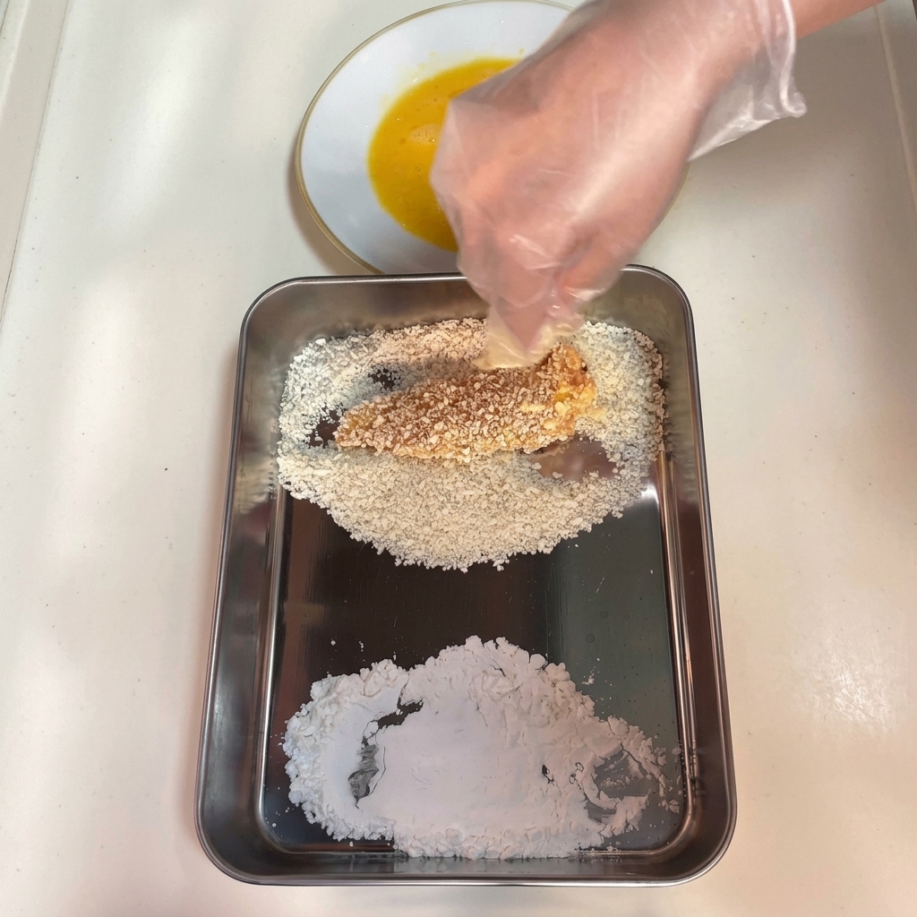 Eine Hand drückt ein nasses Hähnchenstück fest in ein Bett aus Panko-Brotkrumen auf einem Metalltablett.