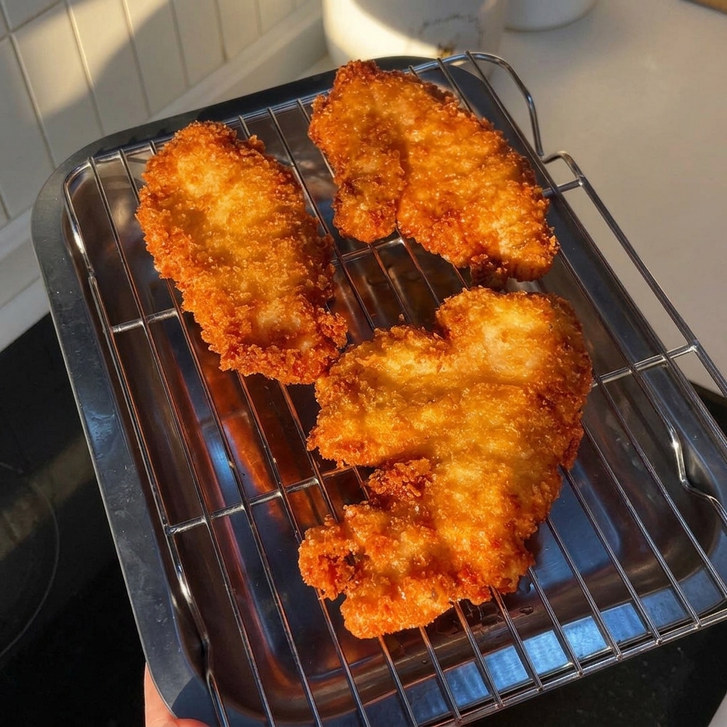 Drei Stücke dunkelgoldenes, knuspriges Hähnchen ruhen auf einem Kuchengitter aus Edelstahl.