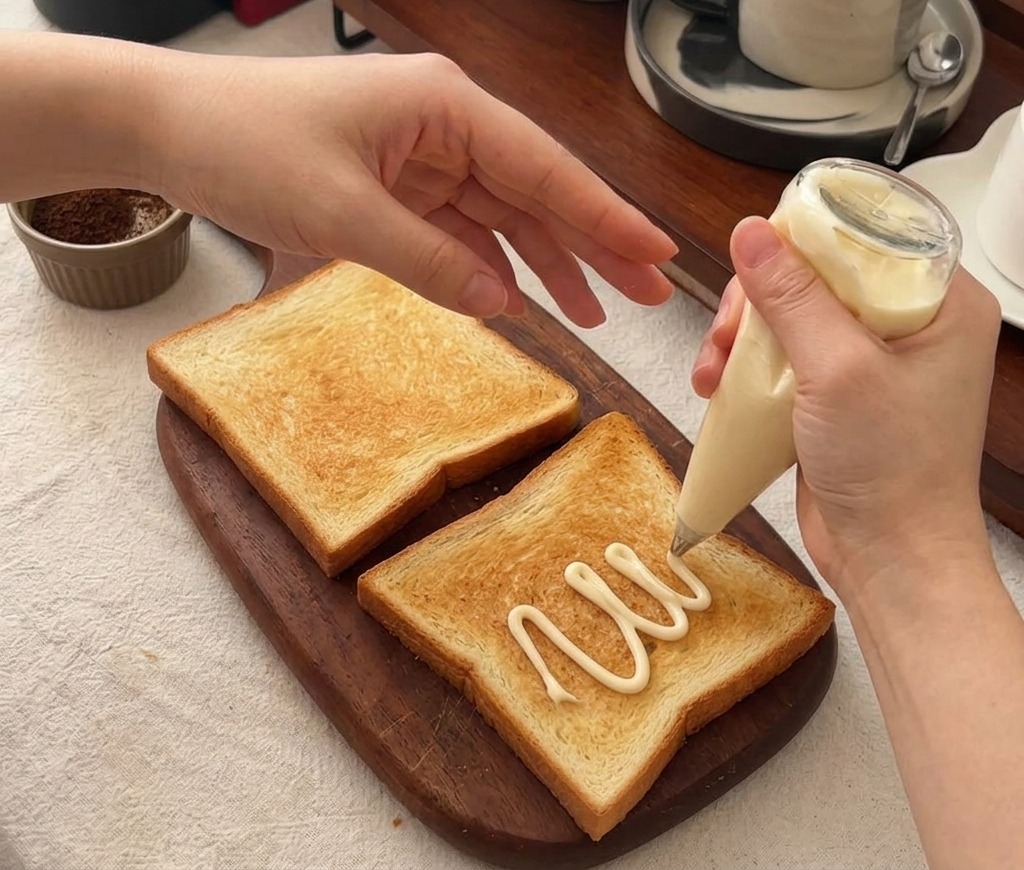 Mayonnaise wird aus einer Flasche in Zickzack-Linien auf eine geröstete Scheibe Toastbrot gegeben.