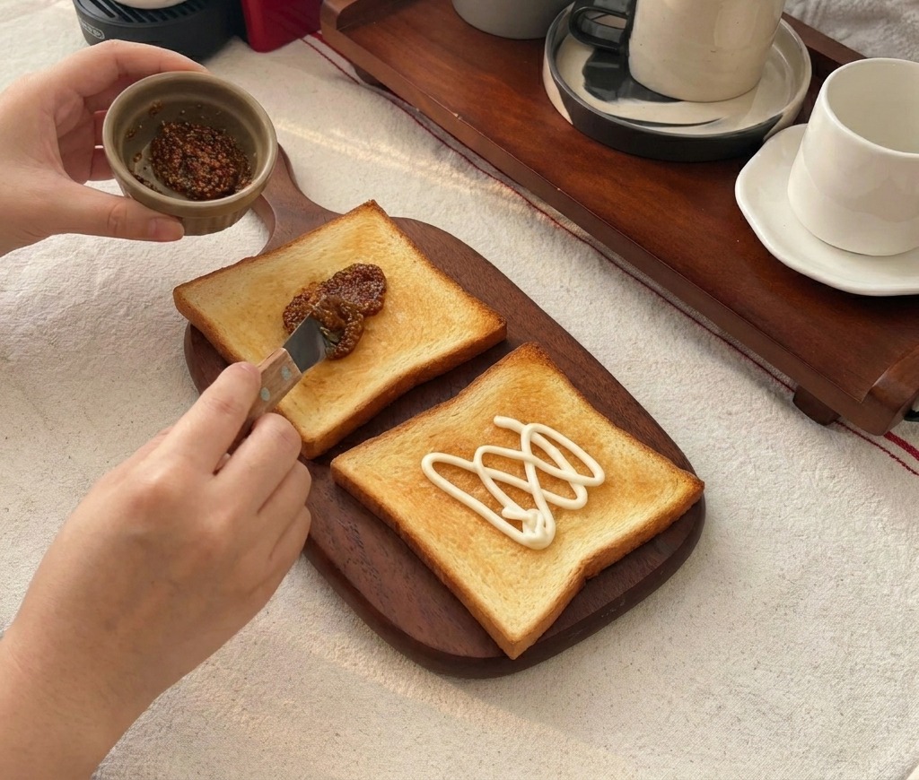 Ein kleines Messer verstreicht eine Portion Honig-Senf auf einer Scheibe Toastbrot.