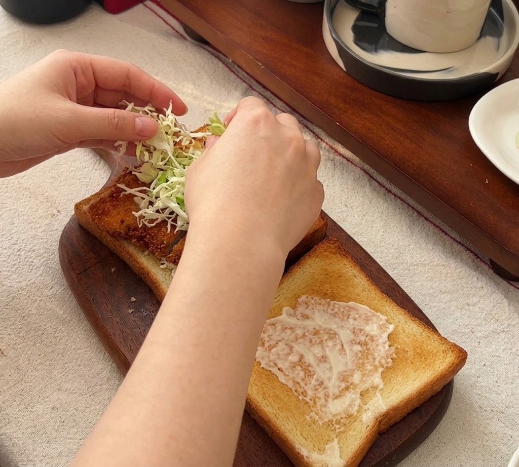Zwei Hände schichten frischen, geschnittenen Salat auf ein Hähnchenfilet, das auf einem Toast liegt.