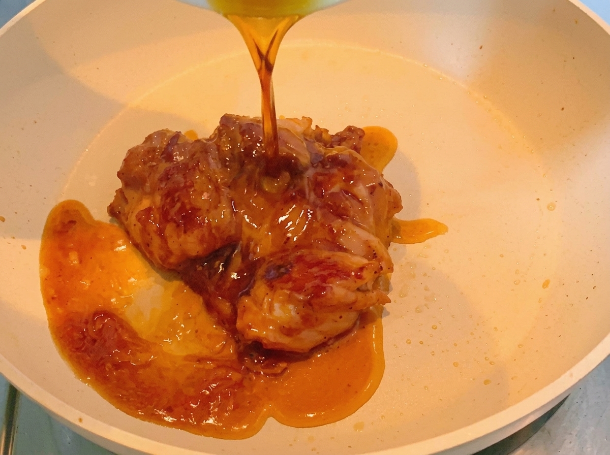 Dunkle Glasur wird über das gebratene Hähnchen in der Pfanne gegossen.