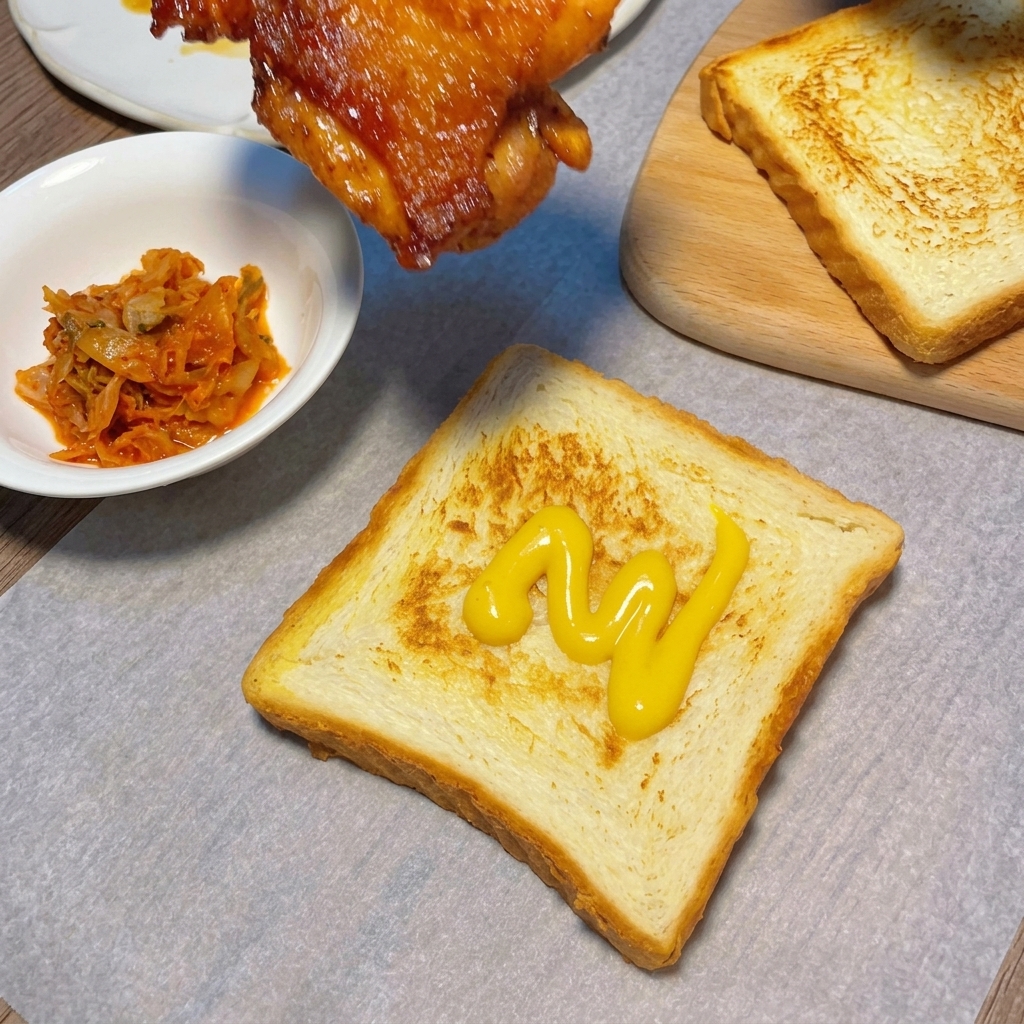 Das glasierte Hähnchen wird auf die mit Senf bestrichene Toastscheibe gelegt.