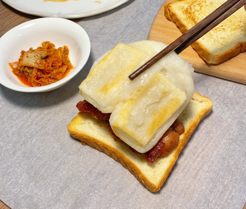 Stäbchen legen die angebratenen Reiskuchen auf das Hähnchenfleisch.