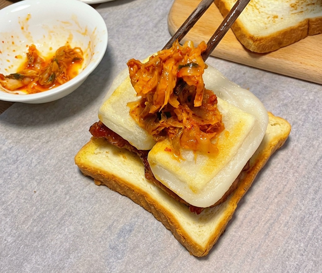Vibrantes rotes Kimchi wird auf die Reiskuchen geschichtet.