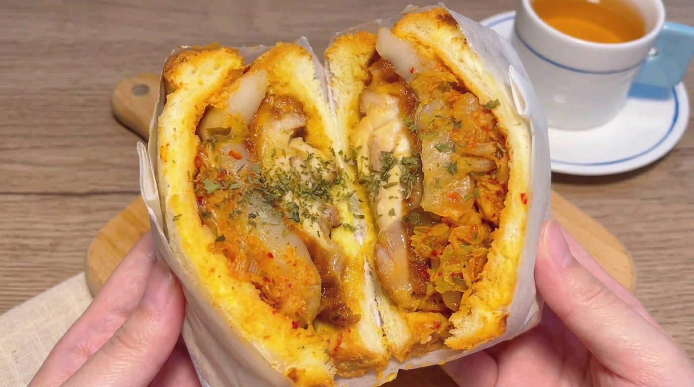 Korean Fried Chicken Sandwich mit knusprigen Reiskuchen