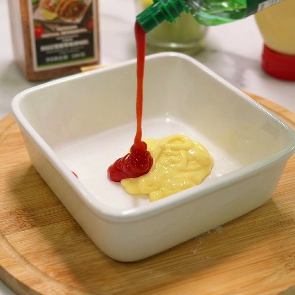 Roter Ketchup wird aus einer Flasche auf einen Klecks Mayonnaise in einer weißen Schale gegeben.