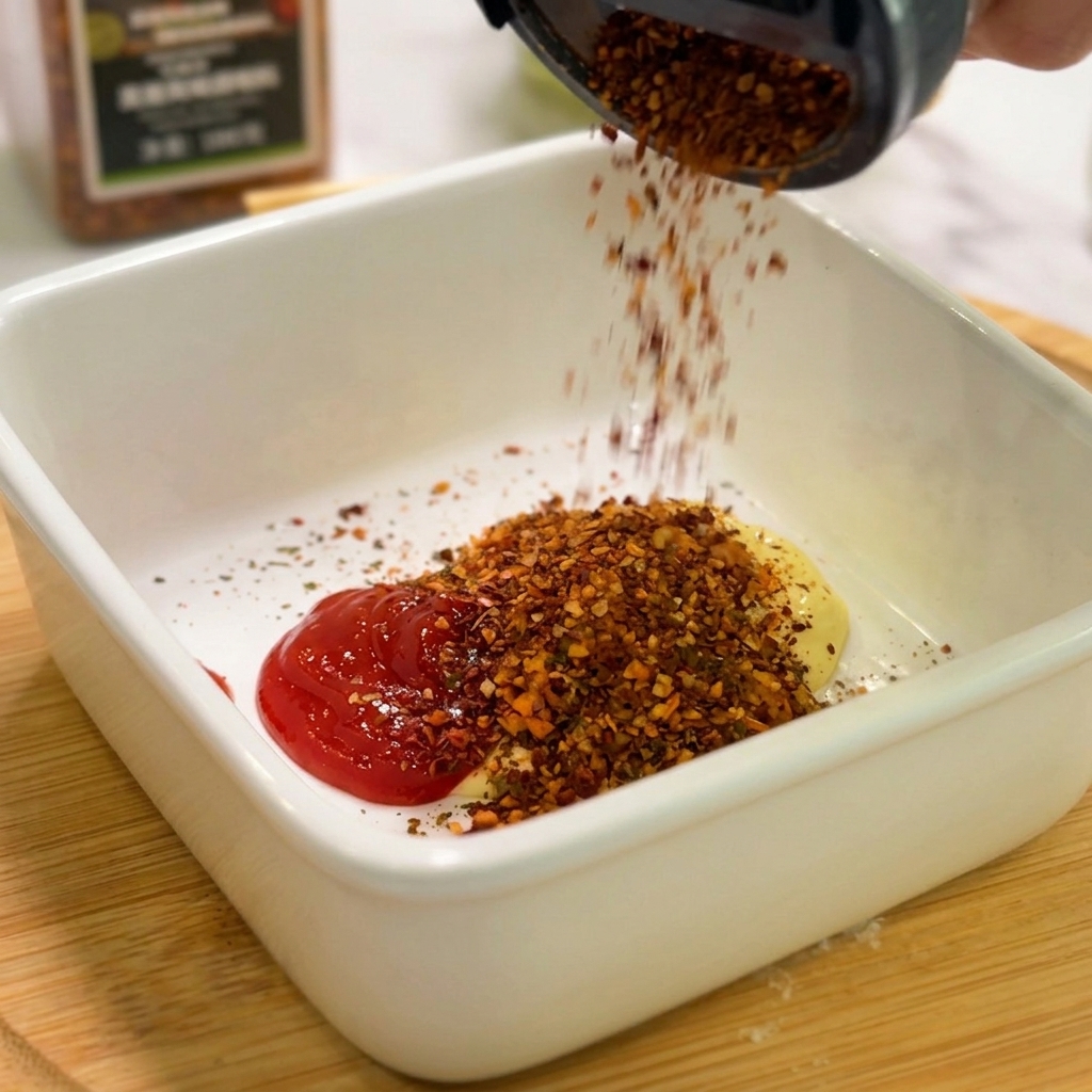 Eine dunkelrote mexikanische Gewürzmischung wird aus einem Streuer auf die Mayo-Ketchup-Mischung gestreut.