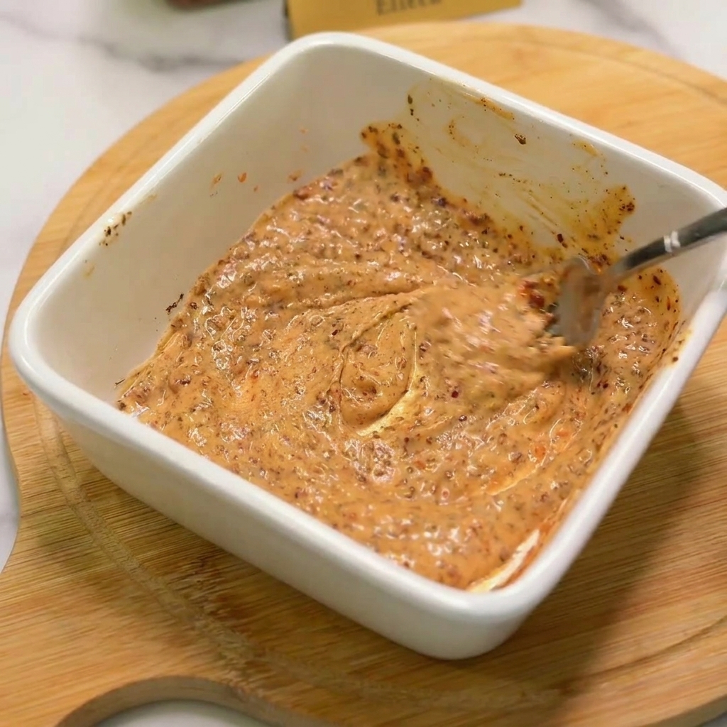 Eine Gabel rührt eine dicke, orangefarbene Sauce mit Gewürzpunkten in einer weißen Schale um.