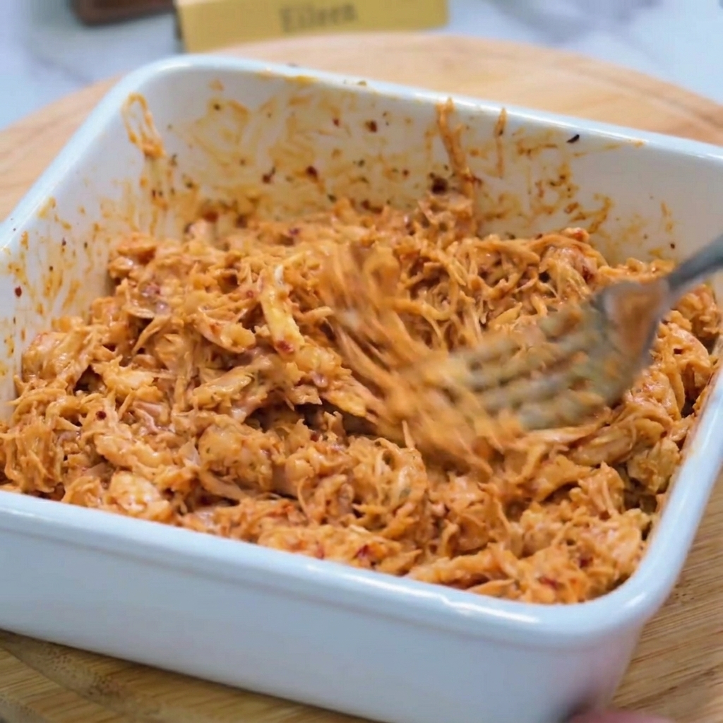 Gezupftes Hähnchen wird in einer weißen Schale mit der würzigen orangefarbenen Sauce vermischt.