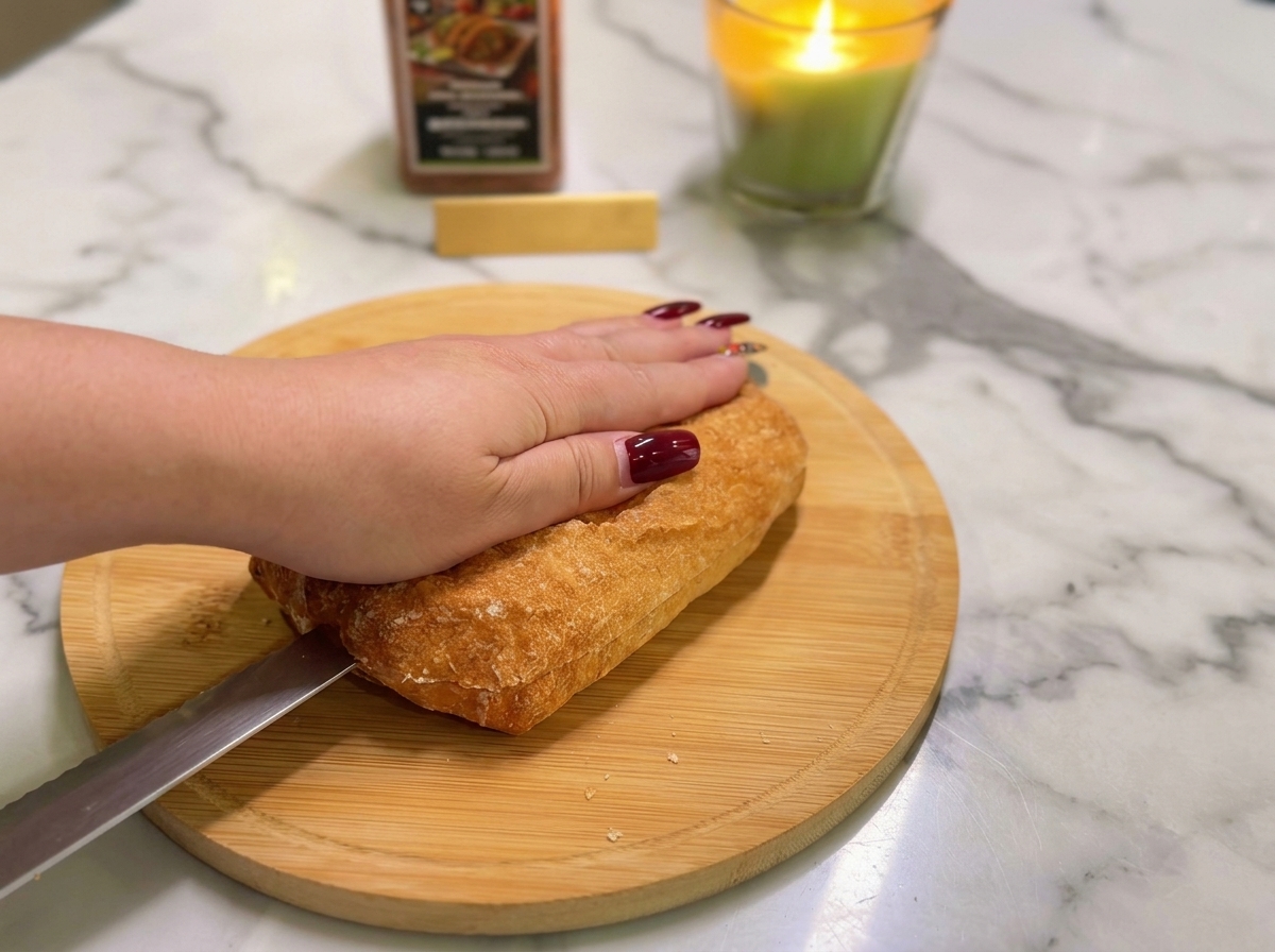 Eine Hand flach auf einem Ciabatta-Brötchen, während es horizontal mit einem Brotmesser halbiert wird.