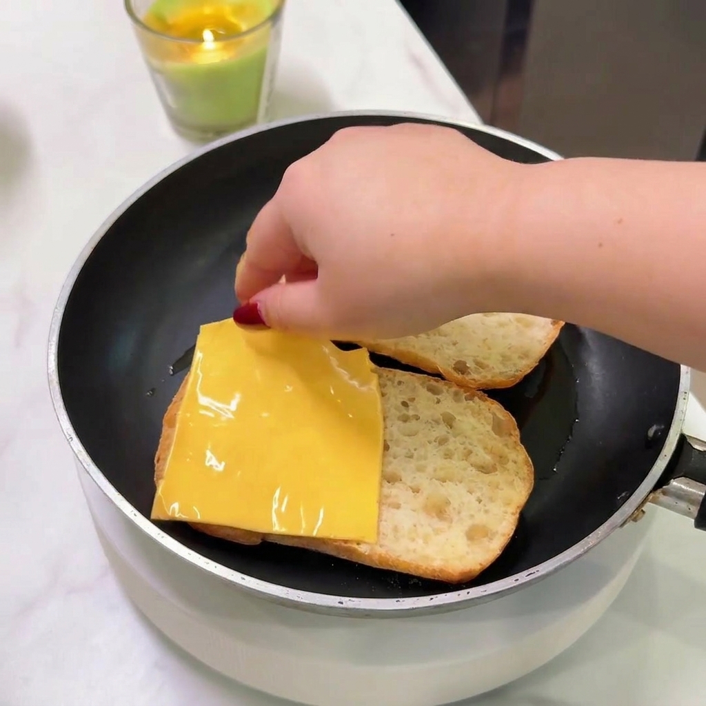 Eine Hand legt eine Scheibe gelben Käse auf eine geröstete Ciabatta-Hälfte in der Pfanne.