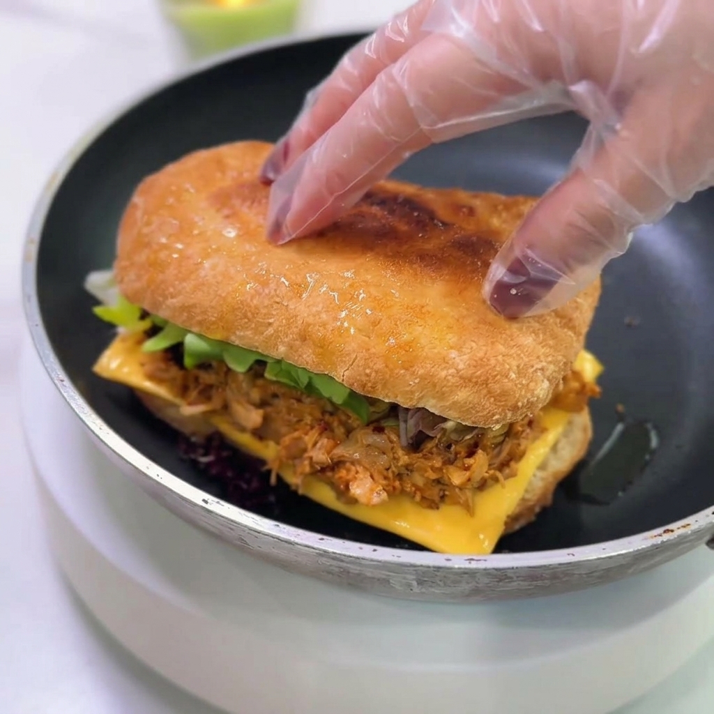 Eine Hand setzt die obere Hälfte des Ciabattas auf das belegte Sandwich.