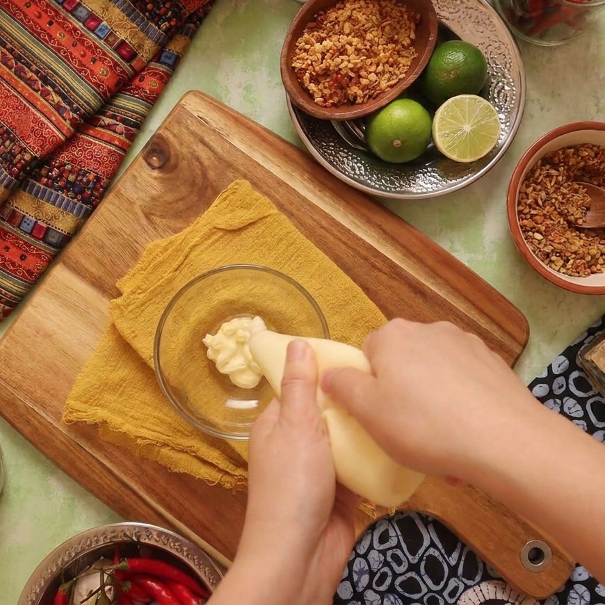 Draufsicht auf Hände, die Mayonnaise in eine Glasschüssel mit gehacktem Knoblauch geben.