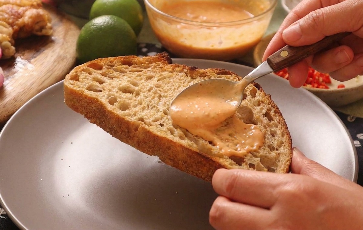 Ein Löffel verstreicht eine dicke Schicht orangefarbene Sauce auf einer großen Scheibe geröstetem Sauerteigbrot.