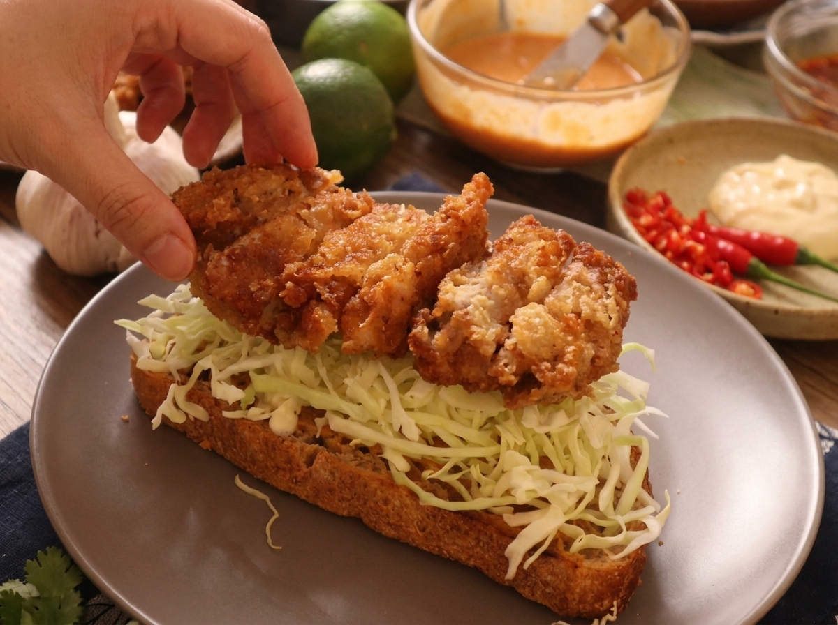 Eine Hand legt goldene Hähnchenstreifen auf ein Bett aus geschnittenem Kohl auf einer Scheibe geröstetem Brot.