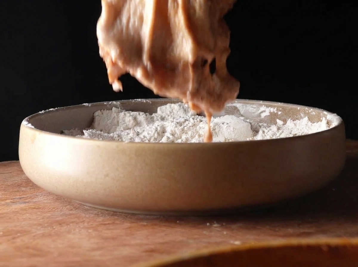 Ein Stück mariniertes Hähnchen wird über eine Schale mit gewürztem Mehl gehalten.