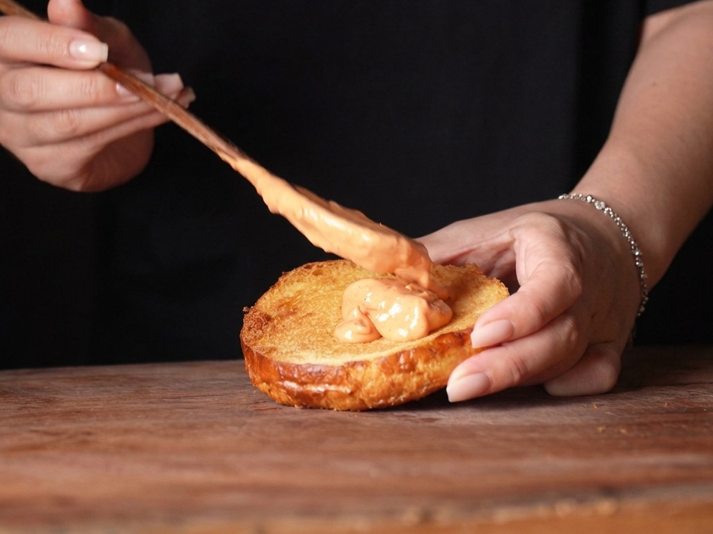 Knuspriger Puffreis wird während des Zusammenbaus auf einen Chicken Burger gestreut.