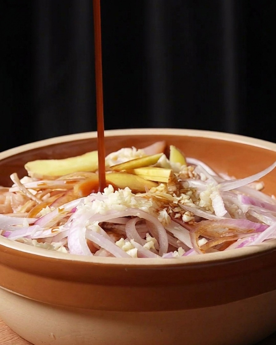 Dunkle Austernsauce wird in die Schüssel mit der Hähnchen-Marinade gegeben.
