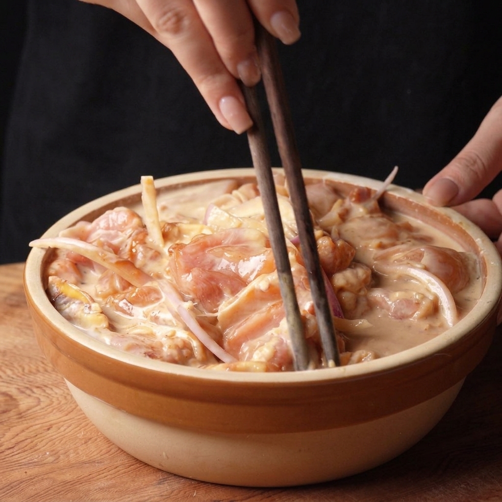 Das Fleisch wird mit Stäbchen gründlich in der Buttermilch-Marinade gewendet.