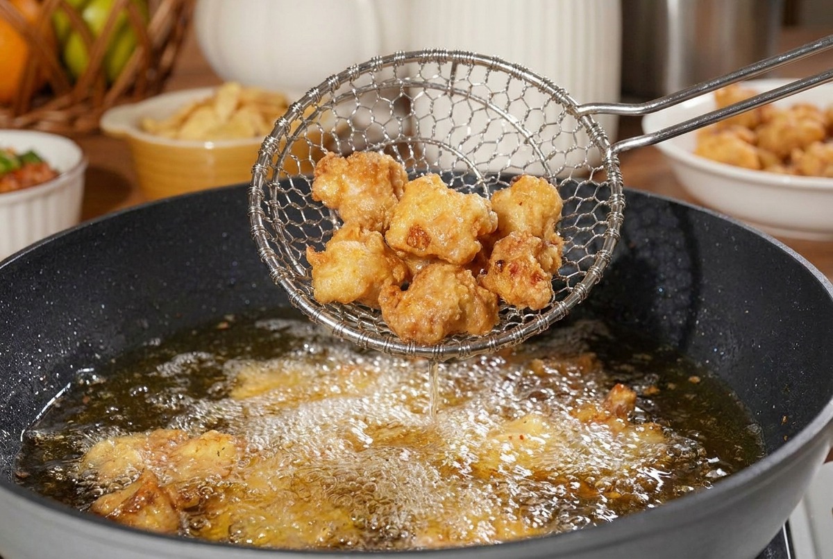 Goldbraun frittiertes Hähnchen wird aus dem sehr heißen Öl gehoben.