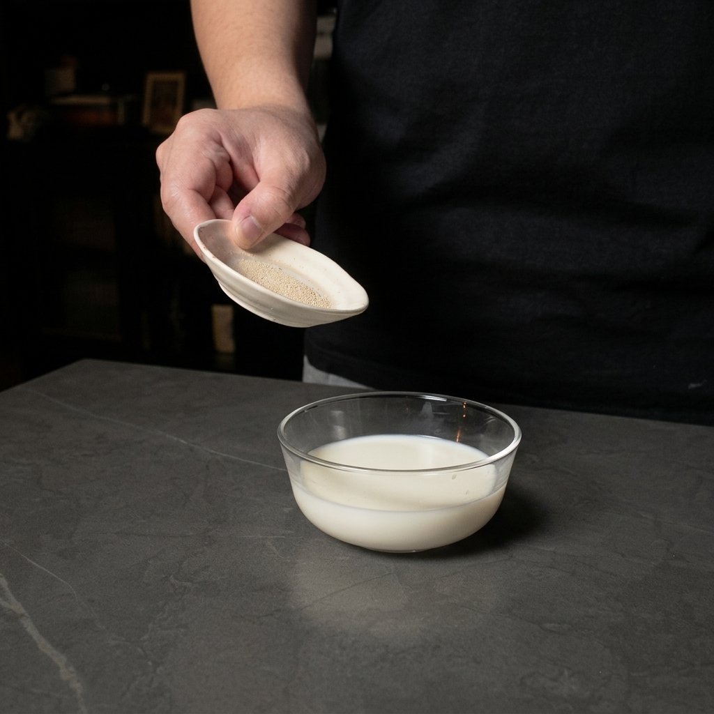 Eine Person gießt Trockenhefe aus einer kleinen Keramikschale in eine Glasschüssel mit Milch.