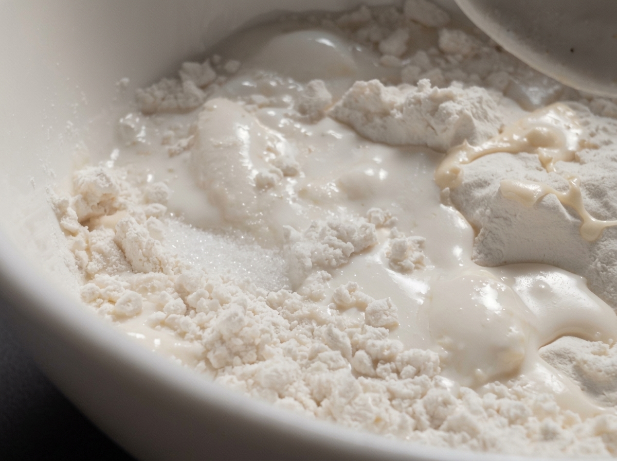 Öl wird in eine weiße Rührschüssel mit Mehl und der Milch-Hefe-Mischung gegossen.