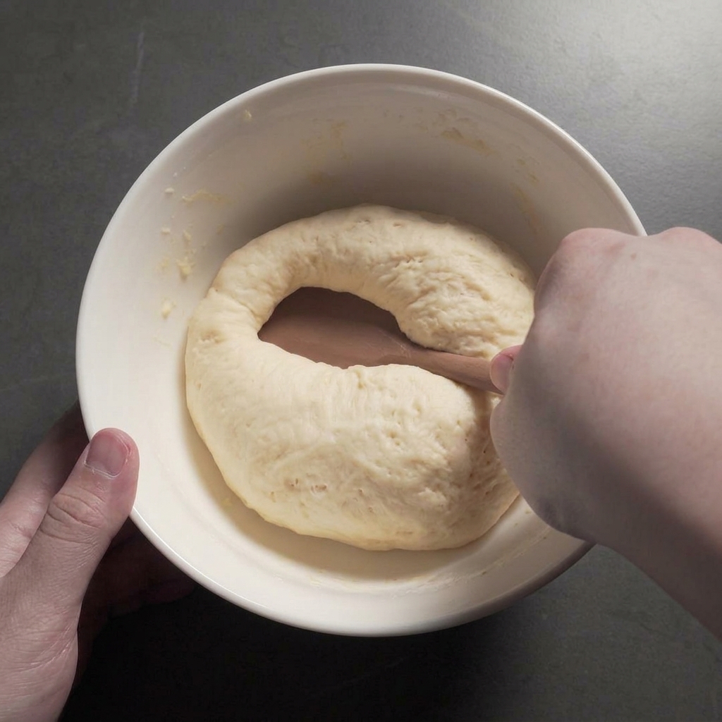 Eine Hand drückt mit einem Holzspatel in die Mitte einer hellen, aufgegangenen Teigkugel.