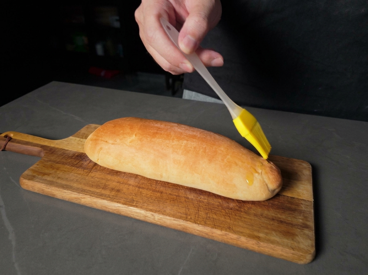 Eine Hand bestreicht ein heißes, goldbraun gebackenes Bun auf einem Holzbrett mit geschmolzener Butter.