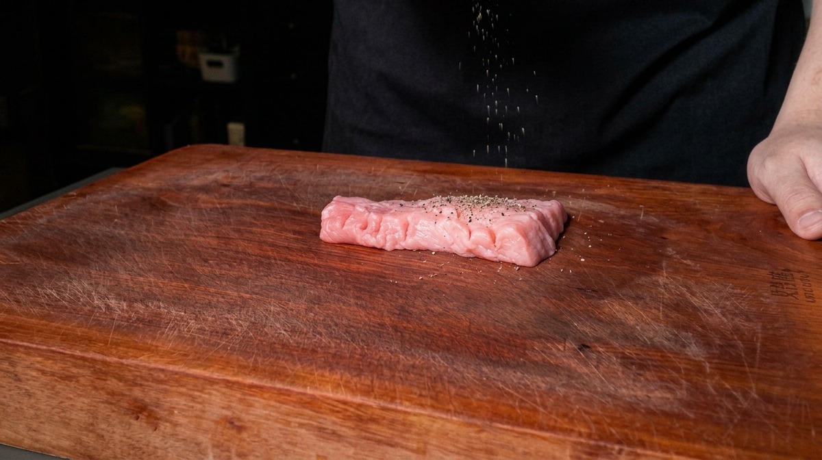 Eine Hand streut Gewürzpulver aus einem Streuer auf ein Stück rohes Schweinefleisch auf einem Holzbrett.