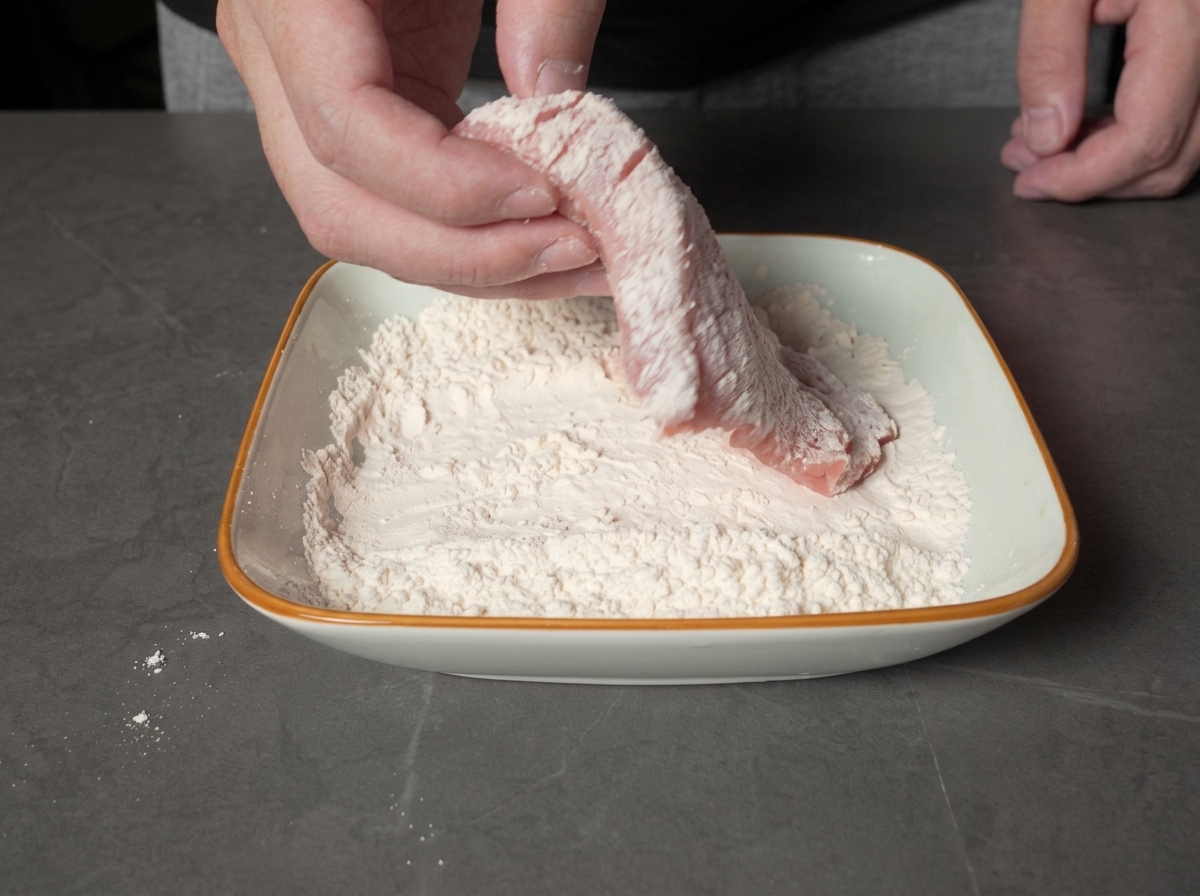 Hände wenden ein Stück rohes Schweinefleisch in einer flachen Schale mit weißem Mehl.