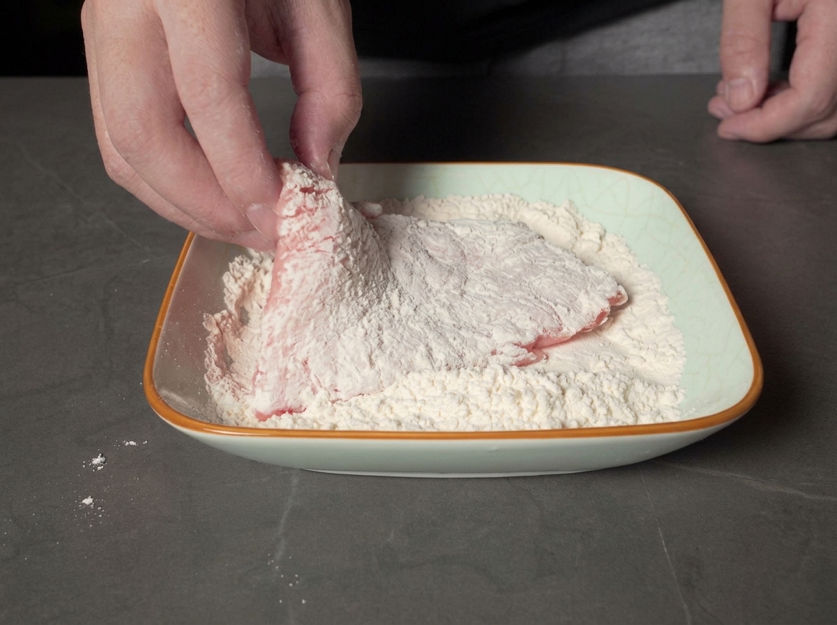 Eine Hand taucht ein bemehltes Stück Schweinefleisch in eine Schale mit verquirltem gelbem Ei.