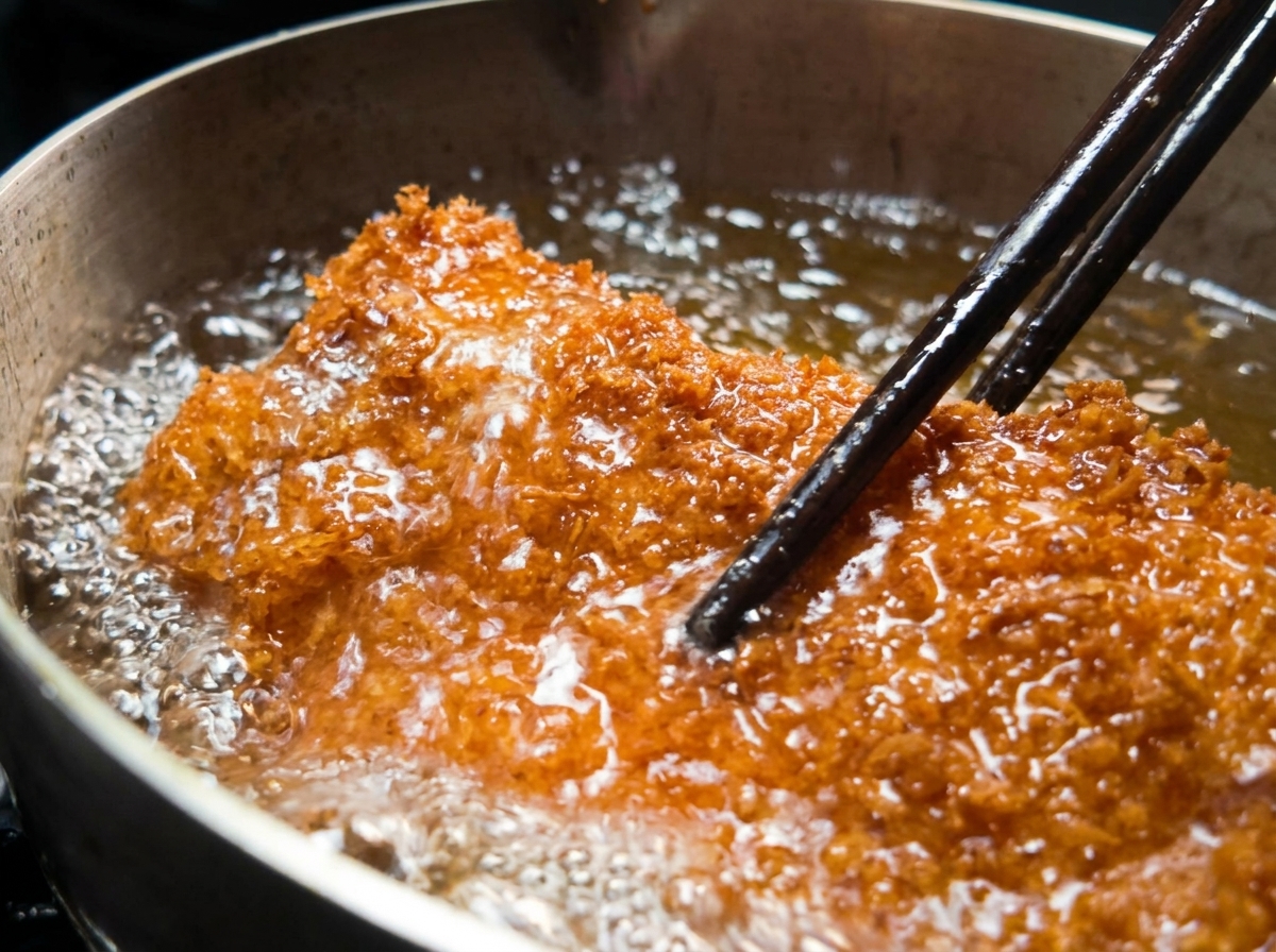 Ein perfekt goldbraunes, knuspriges Schweineschnitzel wird mit Stäbchen aus dem sprudelnden Öl gehoben.